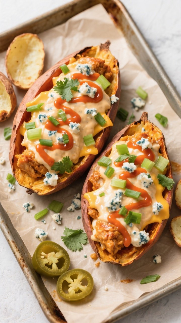 Overhead final dish: Tasty top-view of split, oven-baked sweet potatoes stuffed to the brim with cre