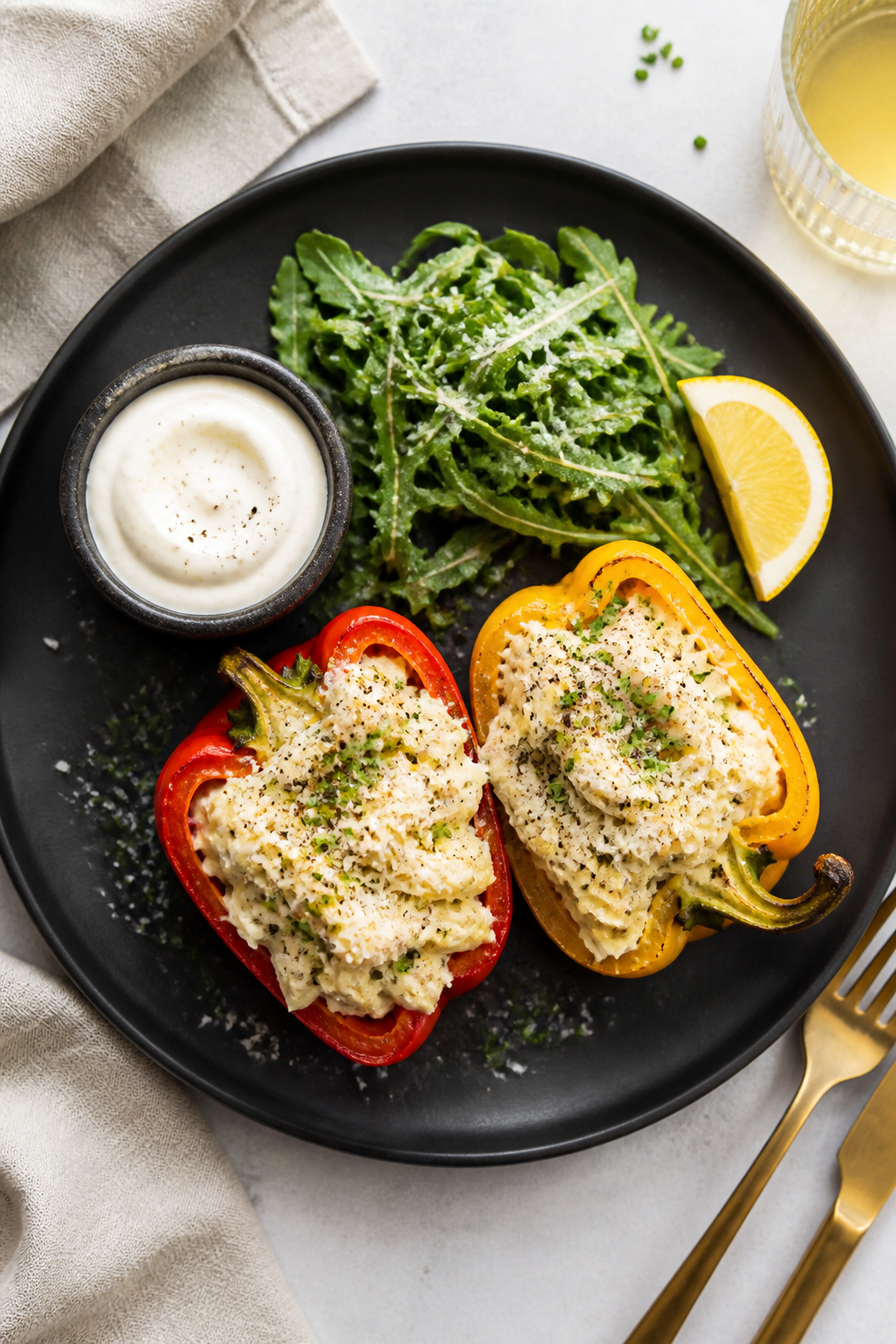 Overhead final presentation: Two roasted bell pepper halves stuffed with creamy chicken Alfredo on a