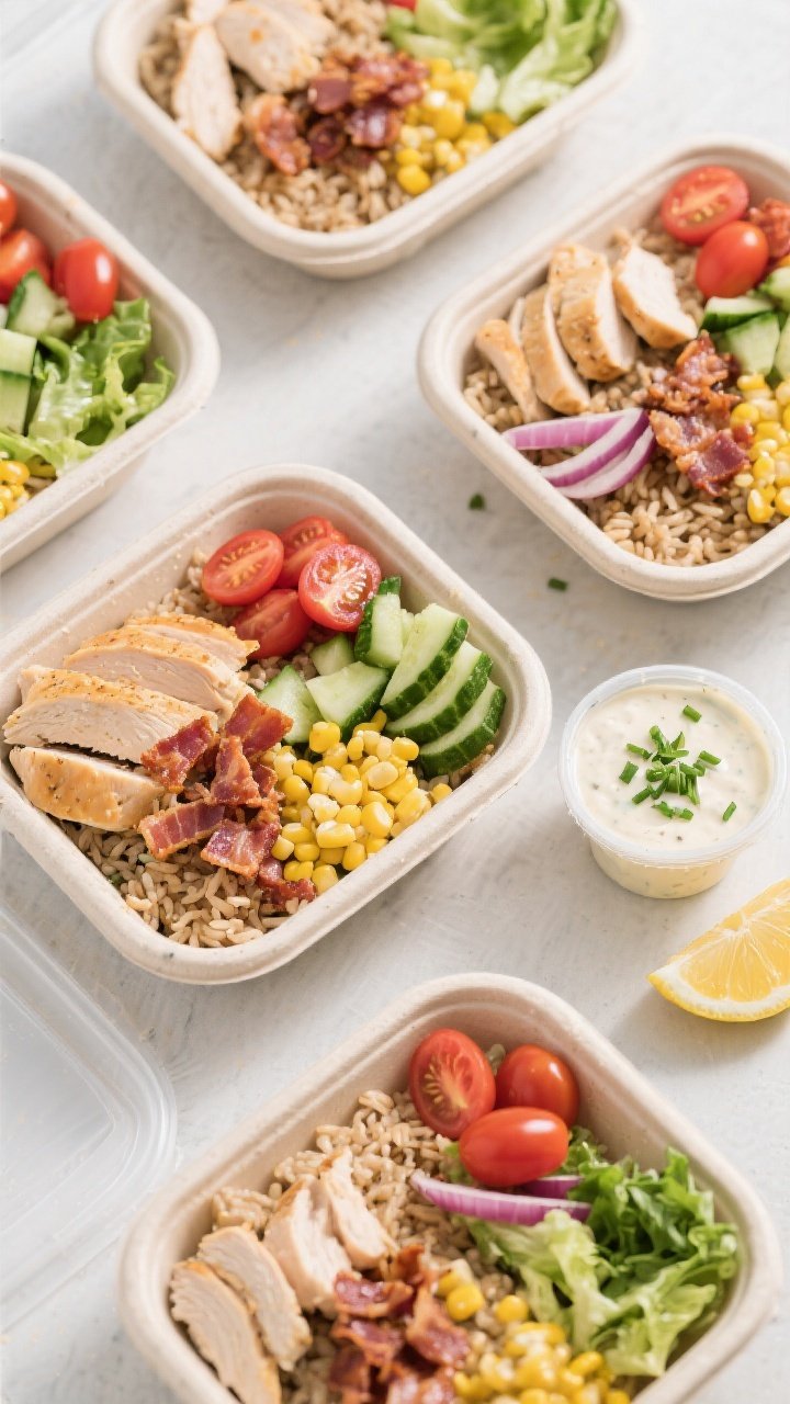 Overhead meal-prep layout: Top-down shot of High Protein Chicken Bacon Ranch Bowls components neatly