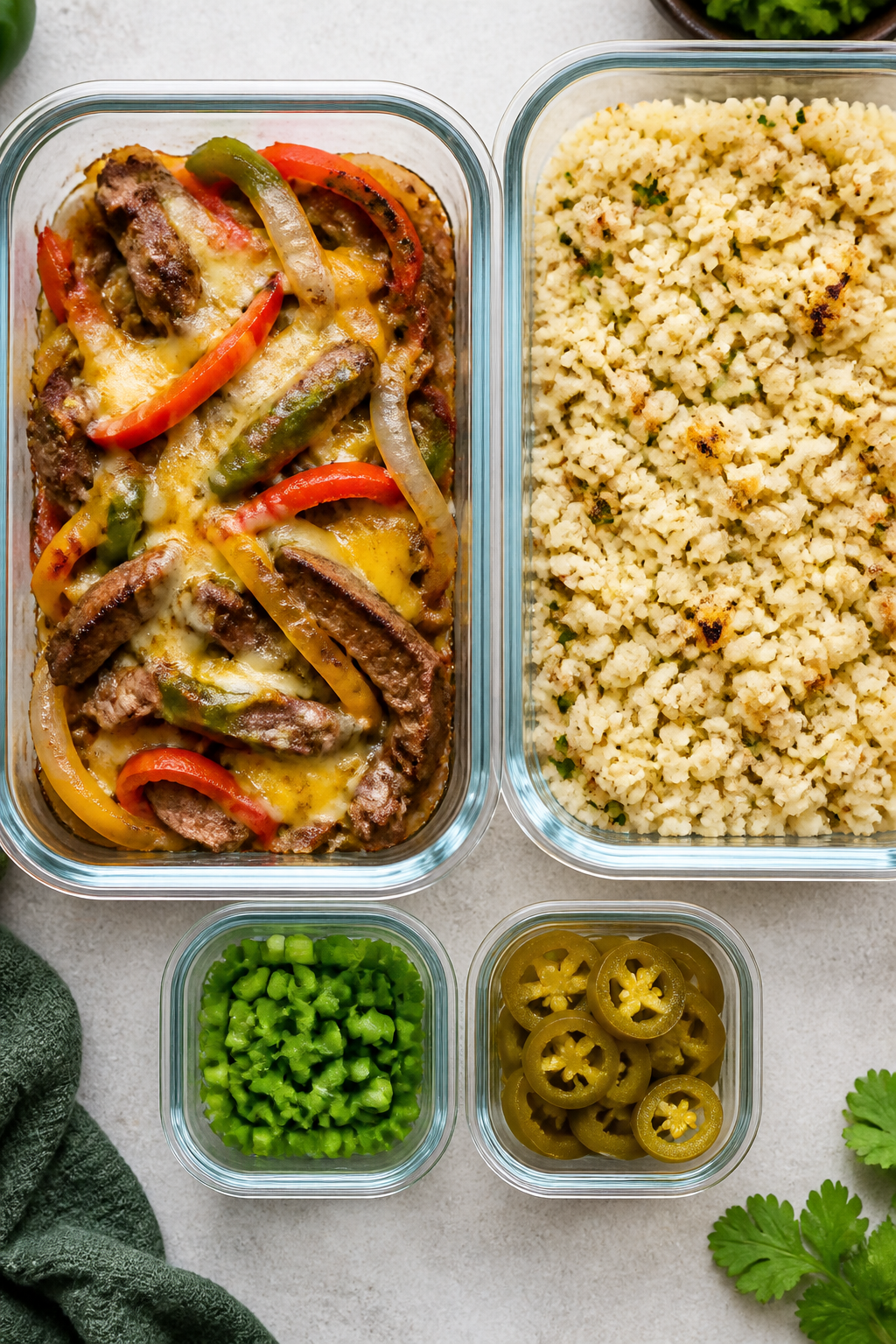 Overhead “meal prep” top view: Tasty top-down shot of multiple containers showing components kep