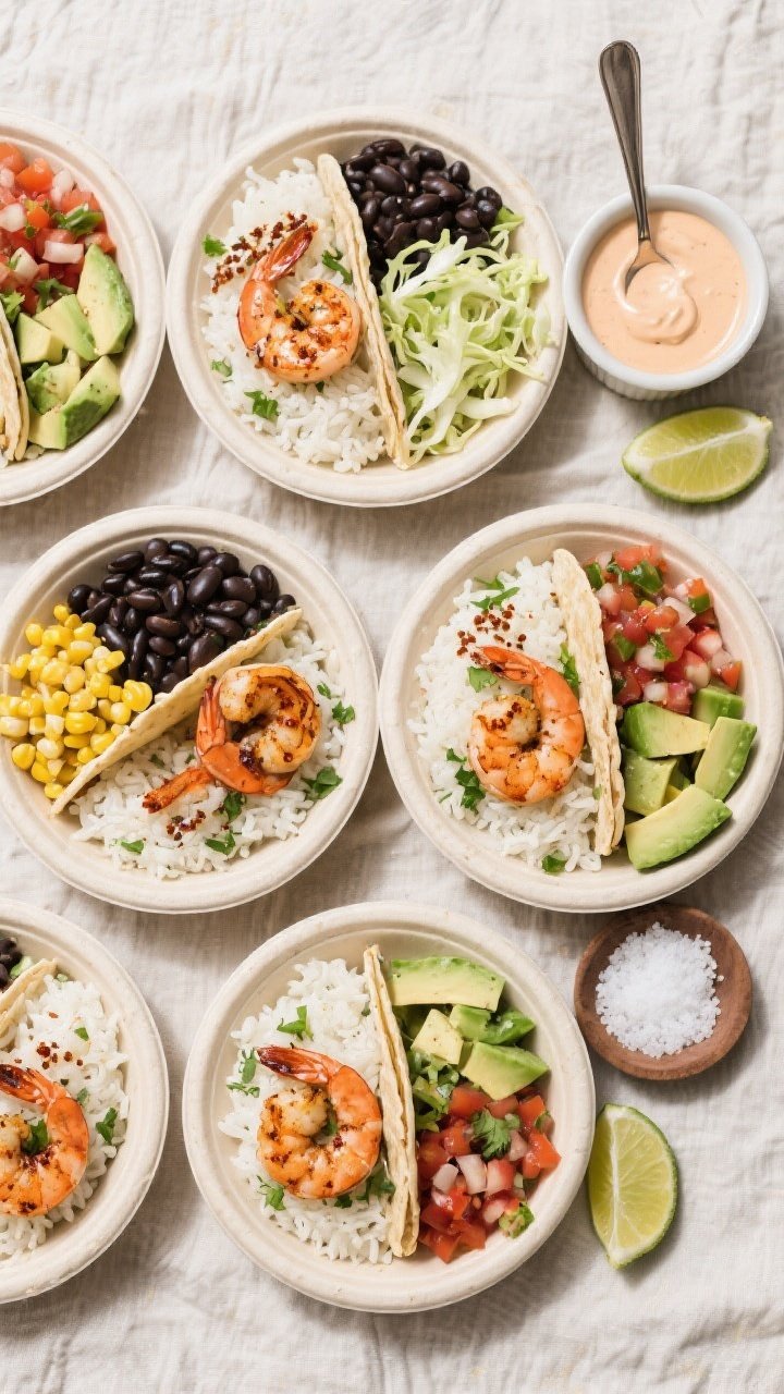Overhead meal-prep/top view: Tasty top-down shot of multiple assembled shrimp taco bowls on a light