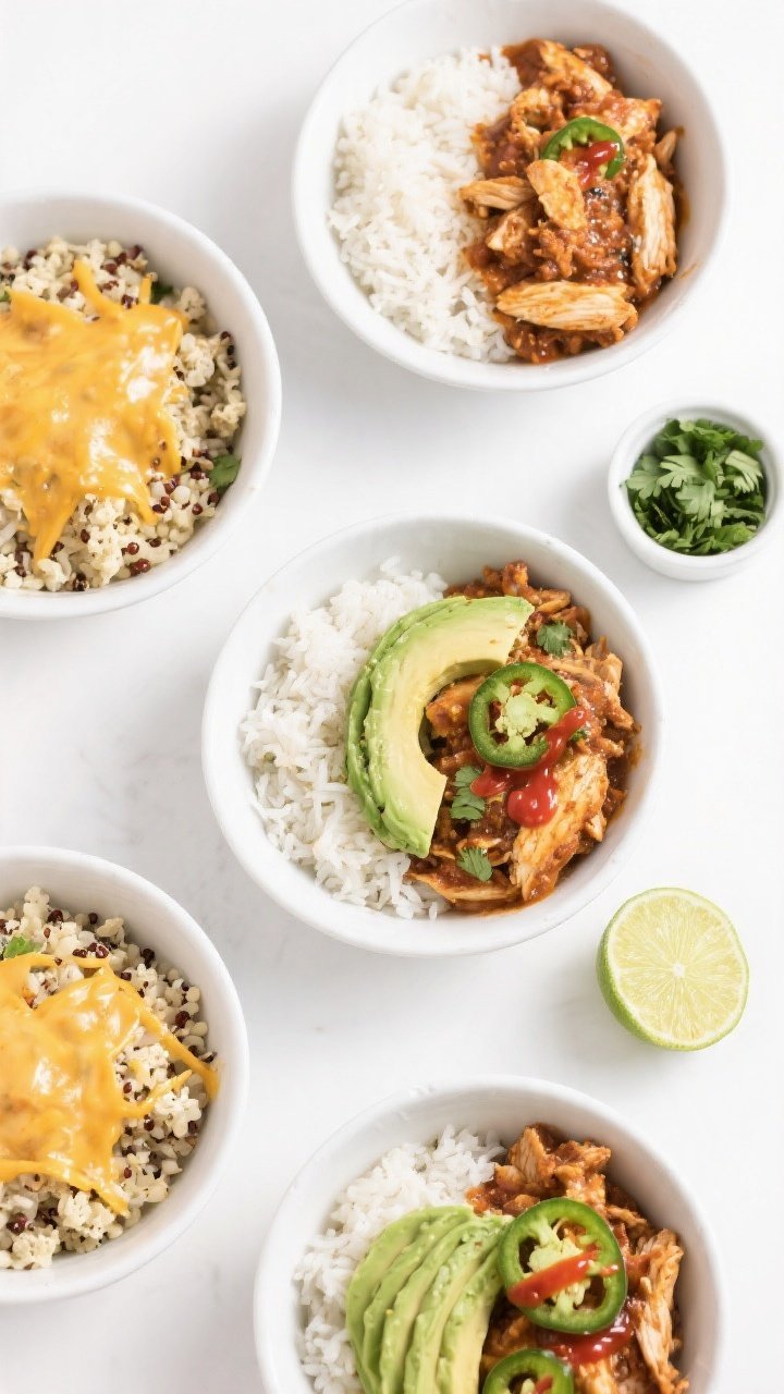 Overhead meal-prep/top view: Tasty top-down shot of multiple assembled bowls featuring different bas