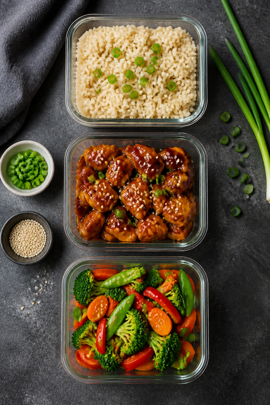 Overhead meal-prep/top view: top-down shot of three neatly arranged meal-prep containers—one with