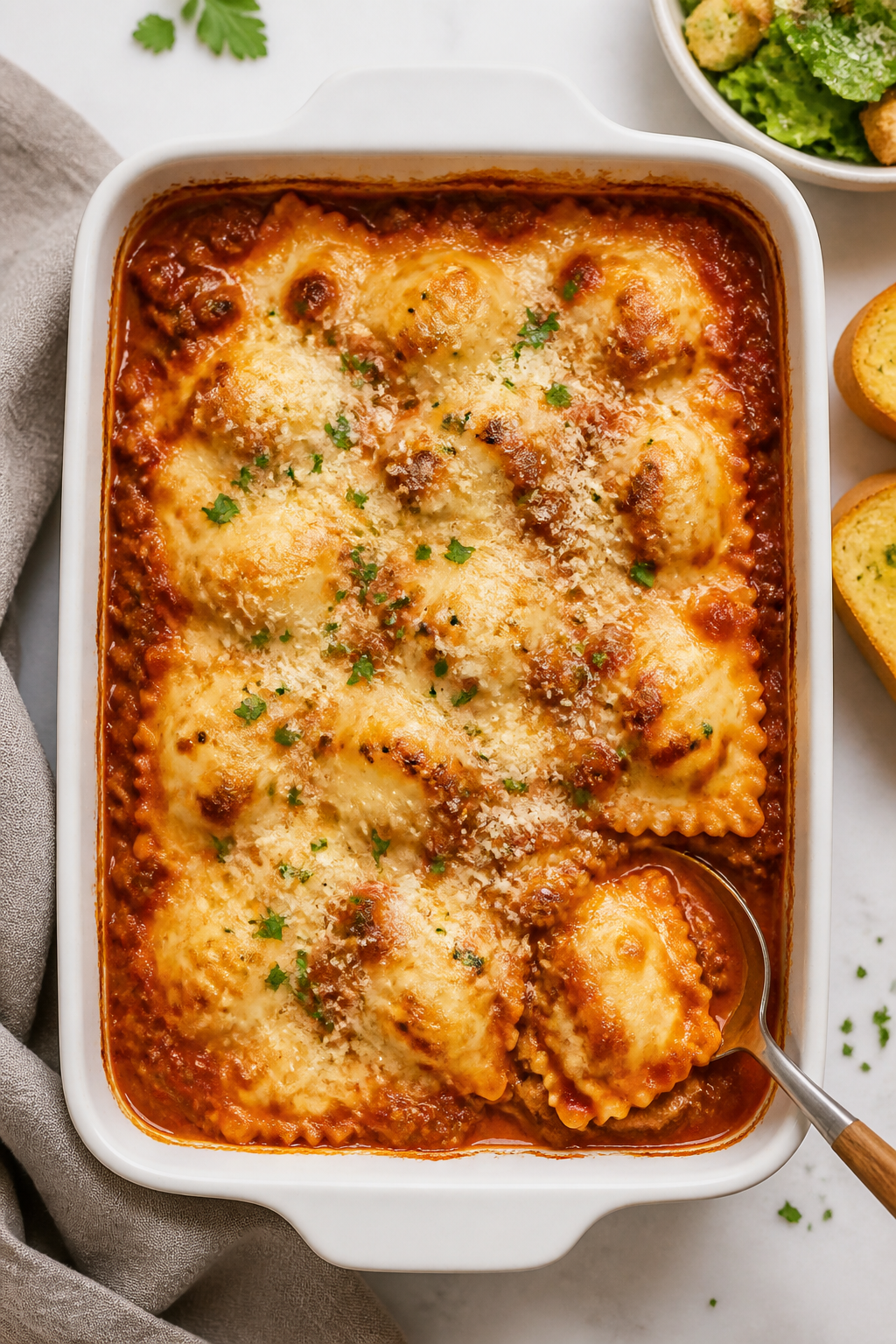 Overhead, of the finished Easy Baked Ravioli Casserole in a 9x13 white baking dish, sauce visibly po