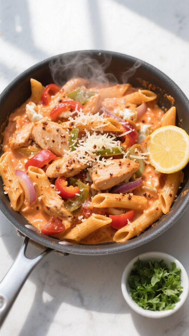Overhead shot of creamy Cajun chicken pasta in a wide skillet just after combining: penne coated in