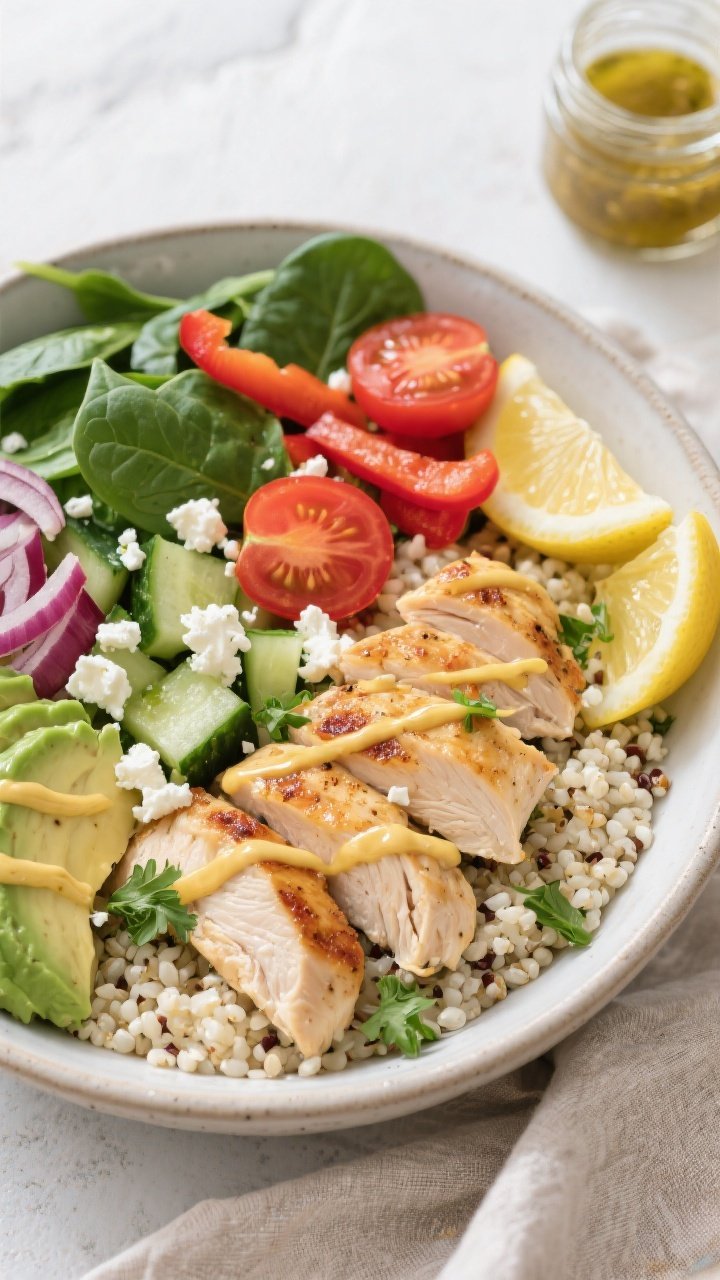 Overhead shot of the assembled Garlic Chicken Quinoa Bowl: fluffy white quinoa base, seared garlic c