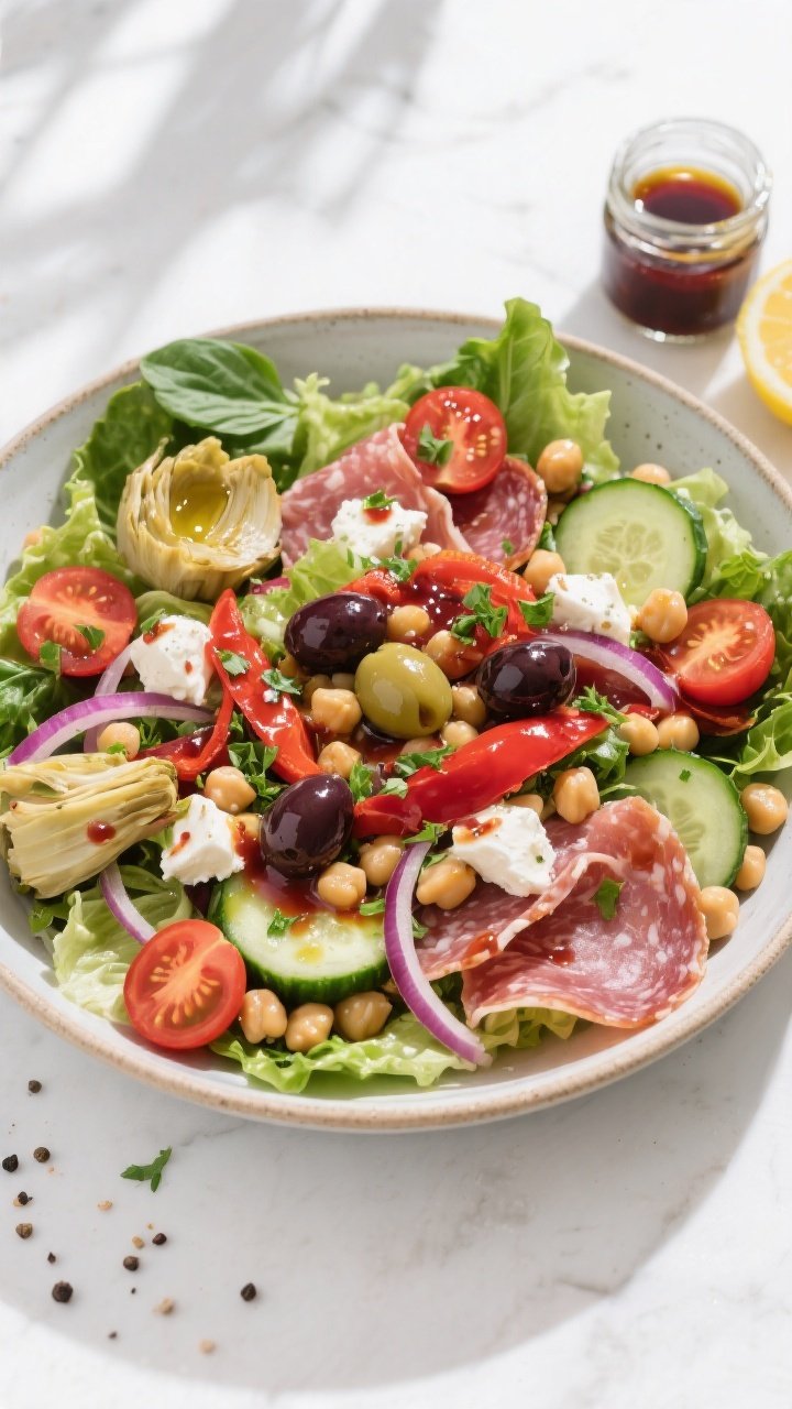 Overhead shot of the finished Loaded Italian Antipasto Salad in a wide, shallow ceramic bowl: crisp 