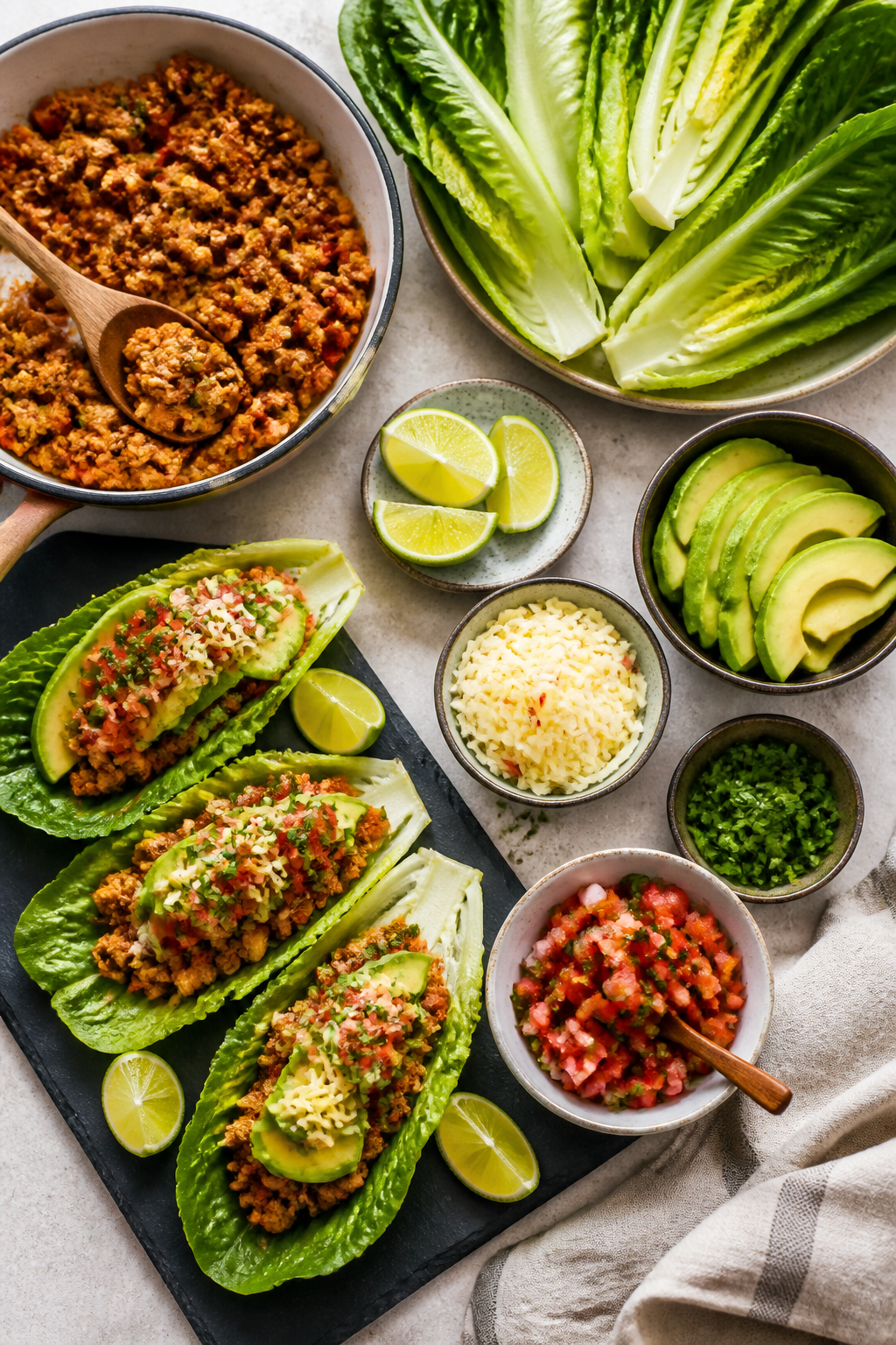 Overhead “taco night” spread: Top-down shot of a build-your-own lettuce wrap scene with romaine