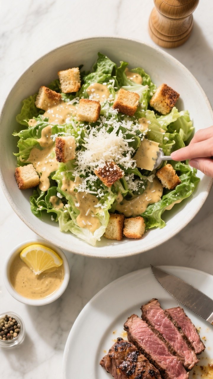 Overhead “tasty top view” assembly moment: Large bowl of romaine just-tossed with Caesar dressin