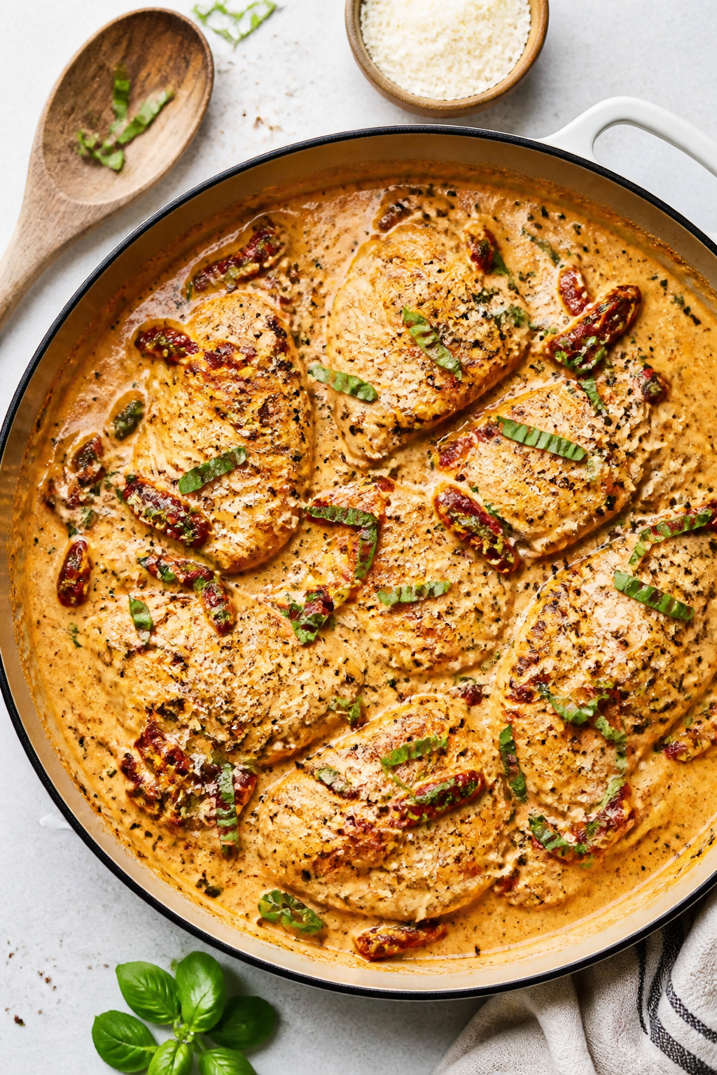 Overhead tasty top view: Creamy sun-dried tomato chicken simmering in a wide skillet, sauce silky an