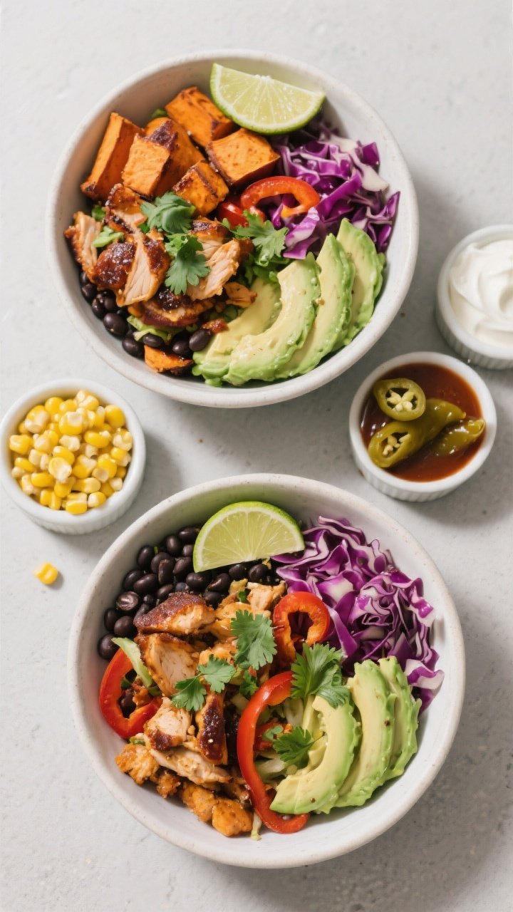 Overhead “tasty top view,” customizable spread: A top-down shot of two assembled bowls plus a fe
