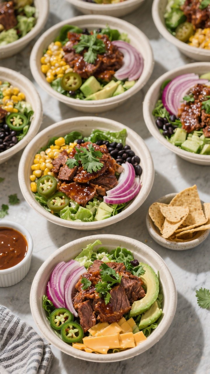 Overhead “tasty top view” for variety: Top-down shot of a meal-prep spread showing composed sala
