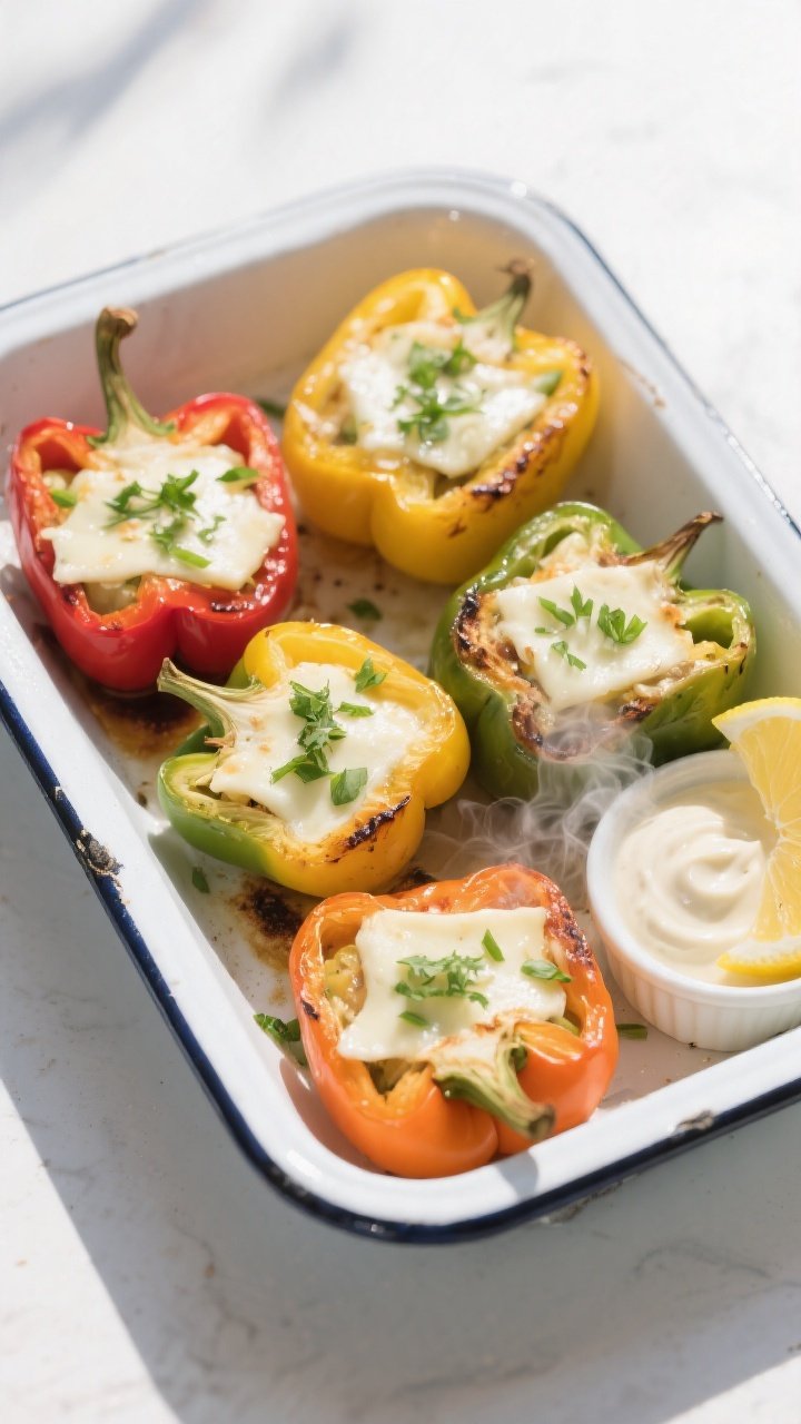 Overhead “tasty top view”: Four colorful bell pepper halves (red, yellow, green, orange) stuffed