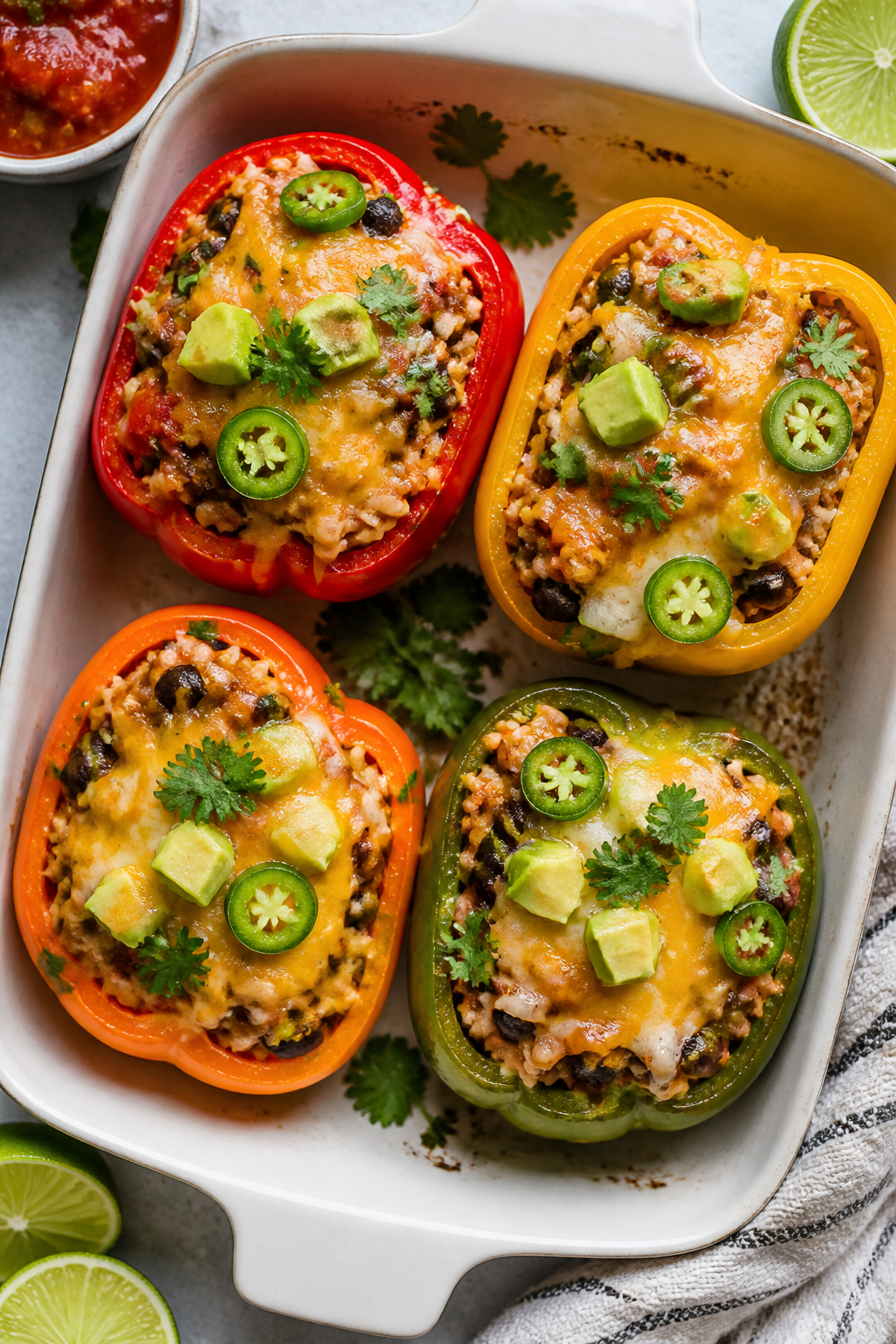 Overhead “tasty top view”: Four colorful bell peppers—red, yellow, orange, green—stuffed and