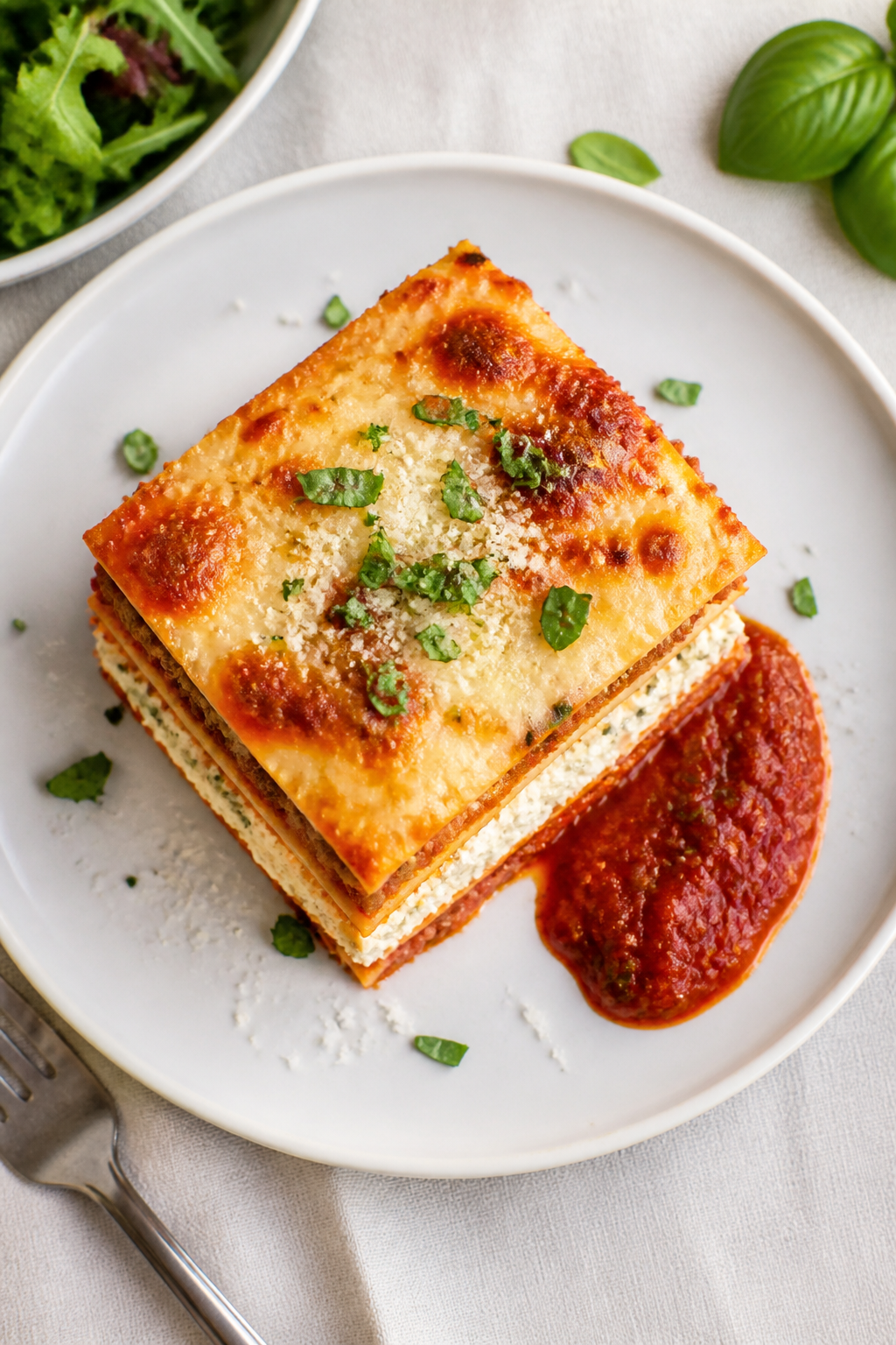 Overhead “tasty top view” of a cleanly sliced square of High Protein Cottage Cheese Lasagna on a