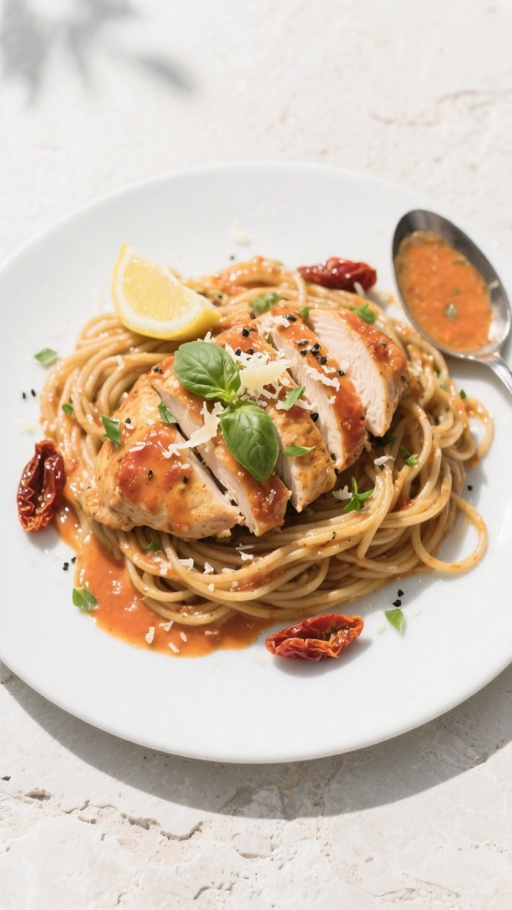 Overhead “tasty top view” of the final High Protein Marry Me Chicken plated over al dente whole-