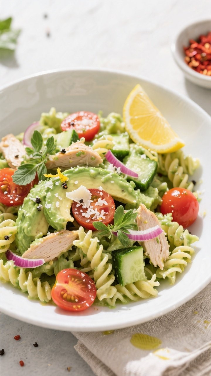 Overhead “tasty top view” of the finished Creamy Avocado Pasta Salad with Chicken in a wide, sha