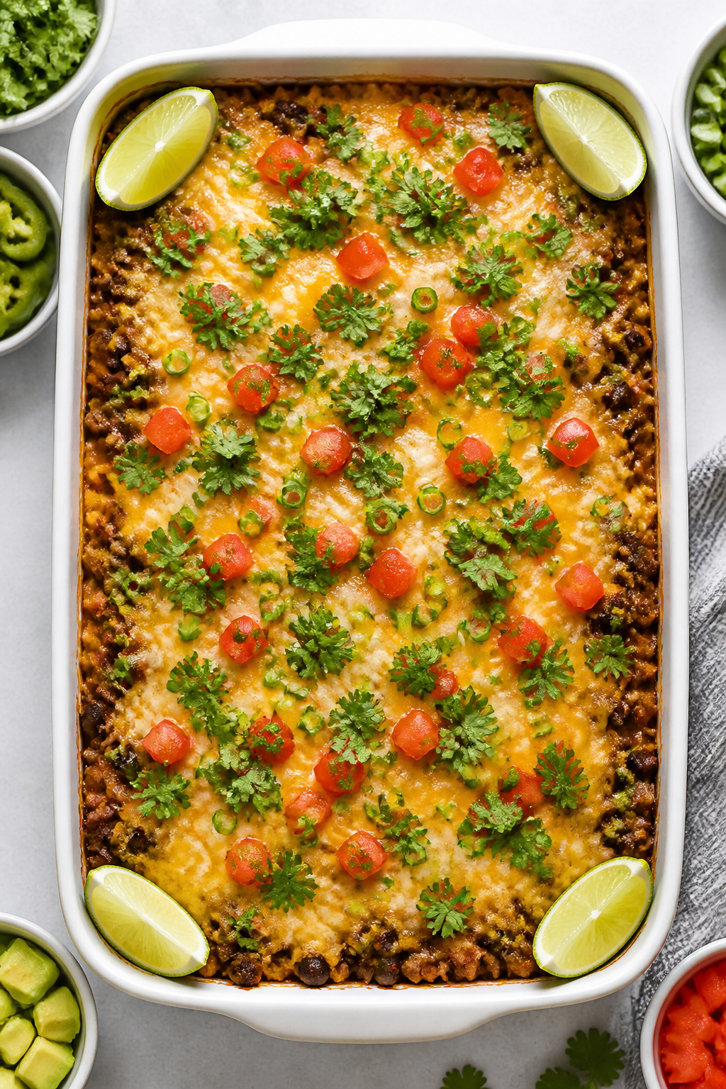 Overhead “tasty top view” of the finished Easy Cheesy Beef Taco Bake in a 9x13 pan, garnished af