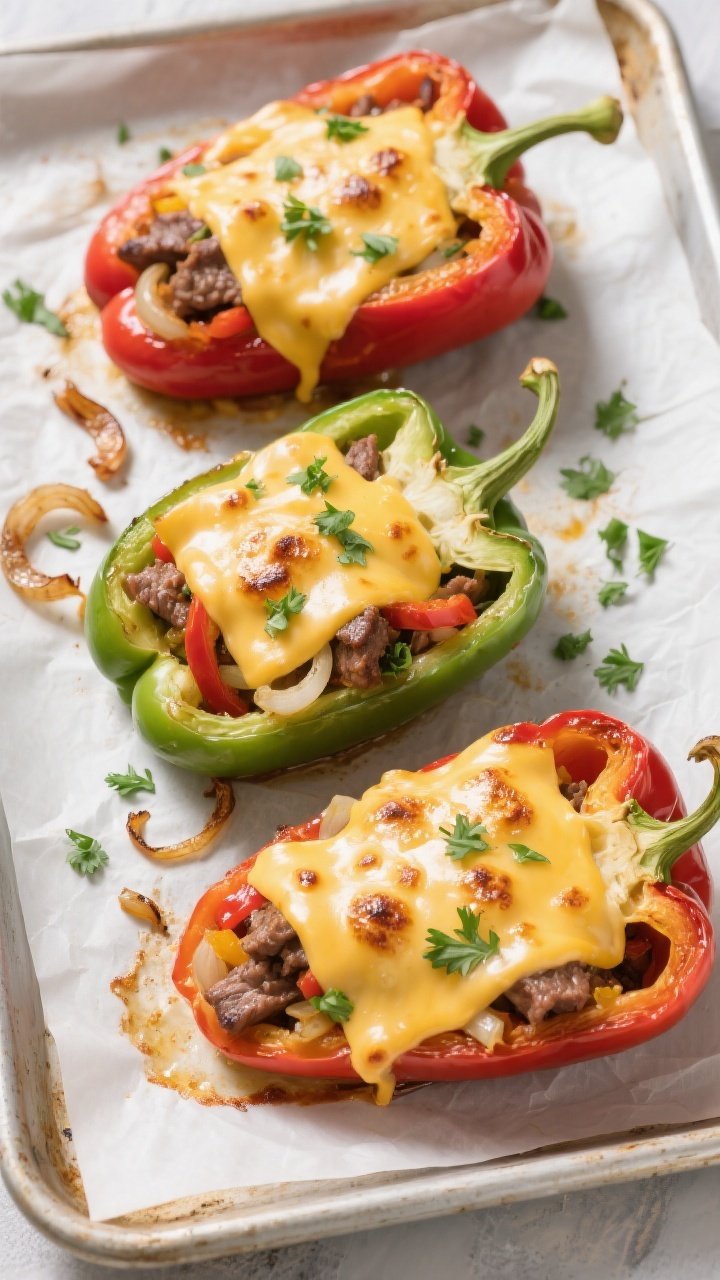 Overhead “tasty top view”: Philly cheesesteak stuffed peppers fresh from the oven on a parchment