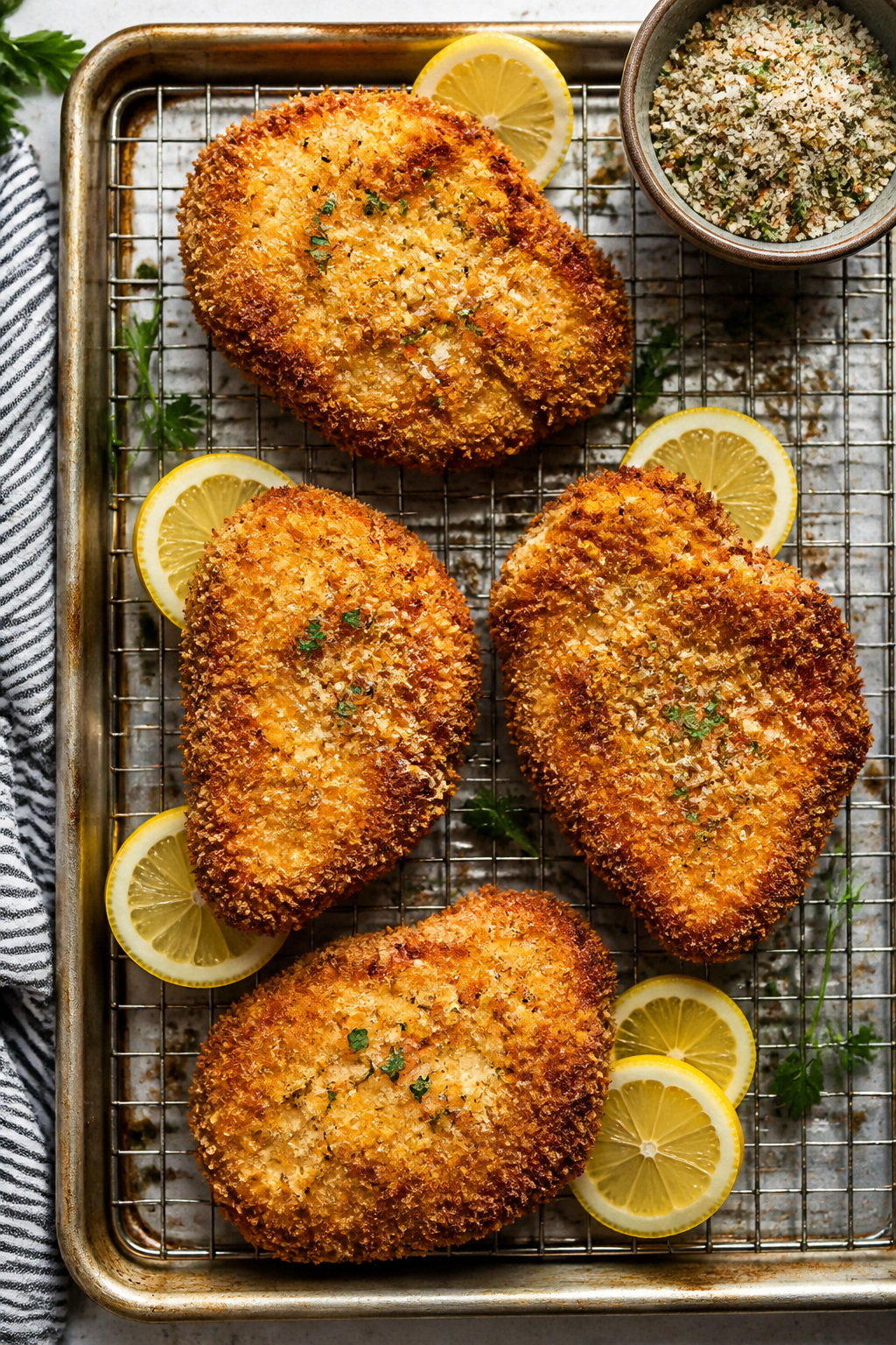 Overhead “tasty top view” serving scene: Top-down shot of several cutlets resting on a wire rack