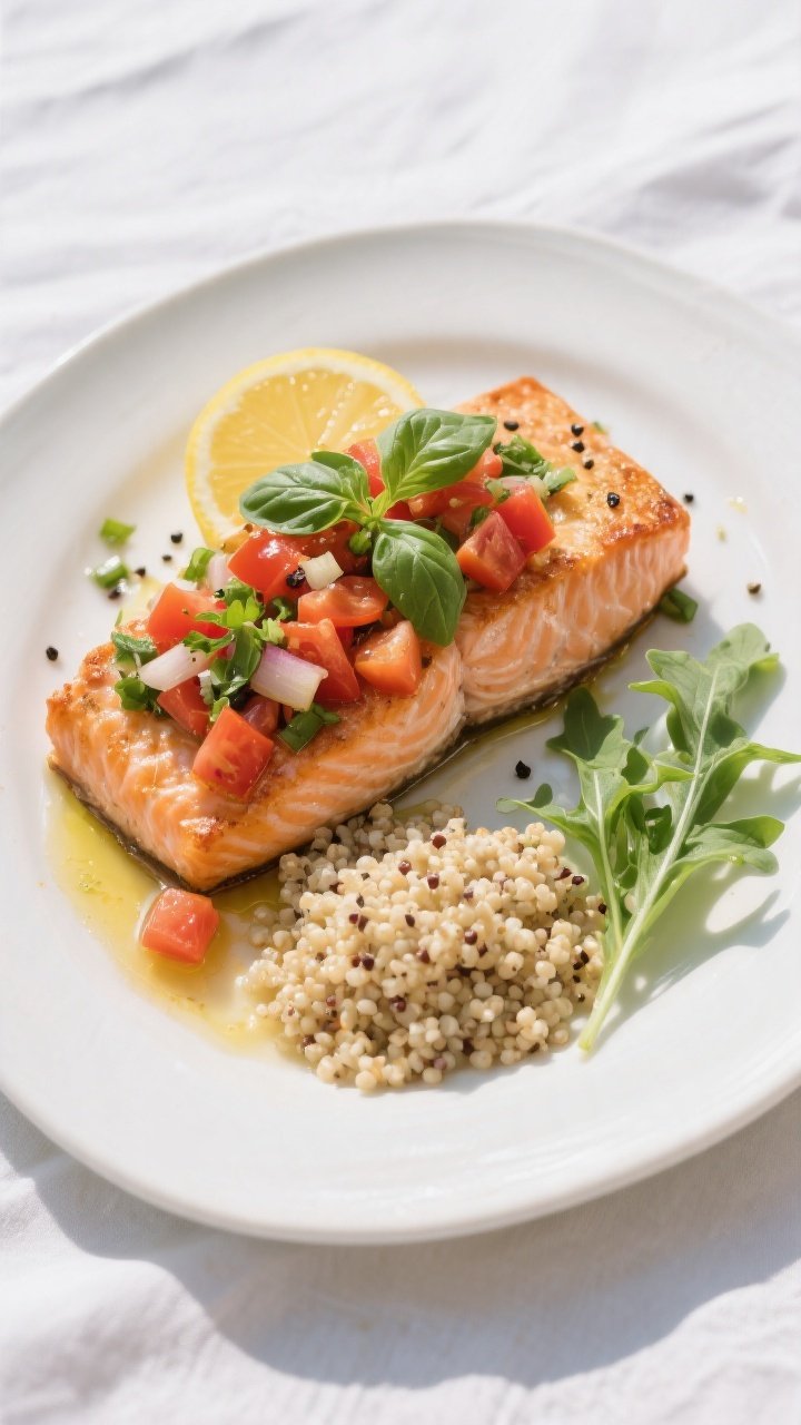 Overhead “tasty top-view” shot: Healthy Bruschetta Salmon Bake plated on a wide white ceramic pl