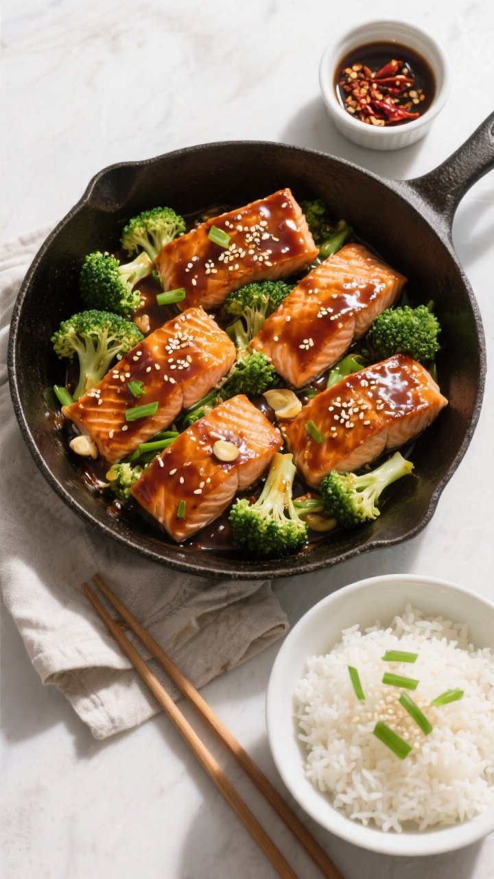 Overhead tasty top view: Top-down shot of a family-style skillet presentation—four teriyaki-glazed