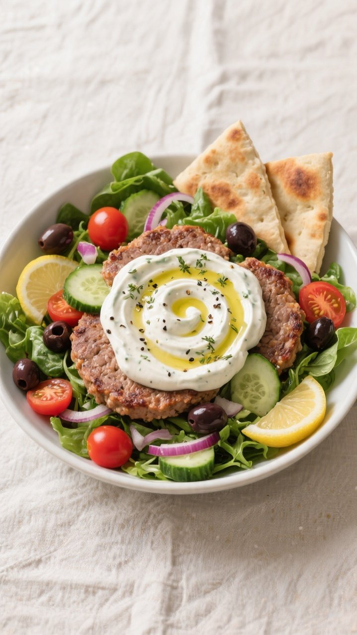 Overhead top view: Tasty salad bowl build featuring sliced turkey burger patties over mixed greens w
