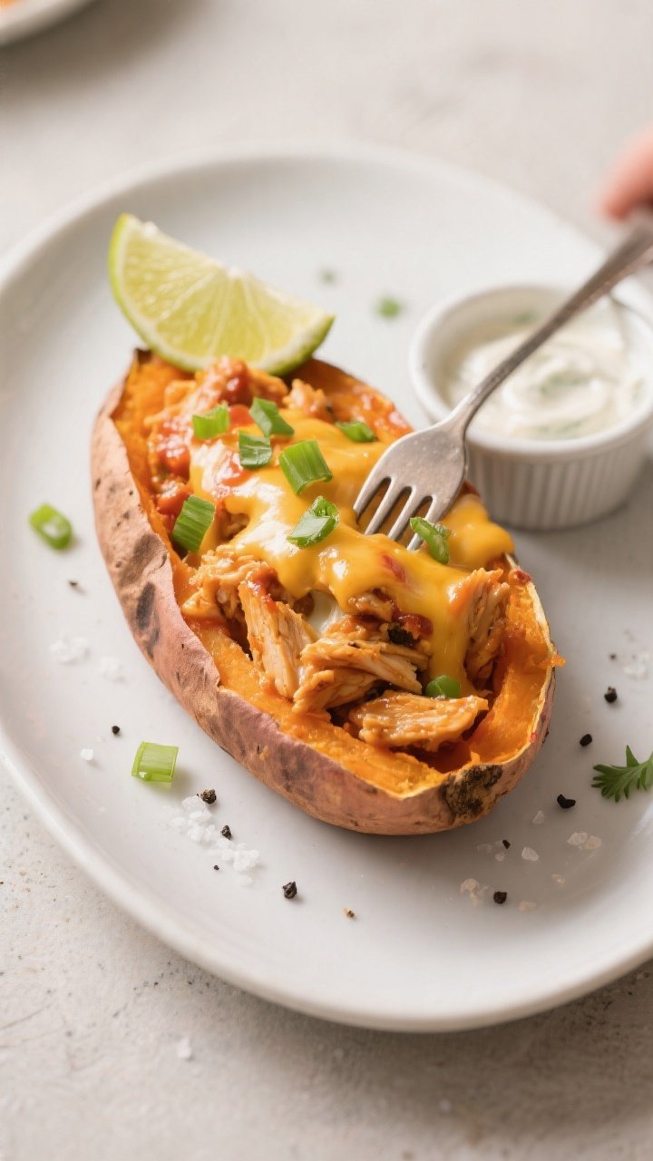 Plated hero shot: Beautifully plated High-Protein Buffalo Chicken Stuffed Sweet Potato on a matte wh