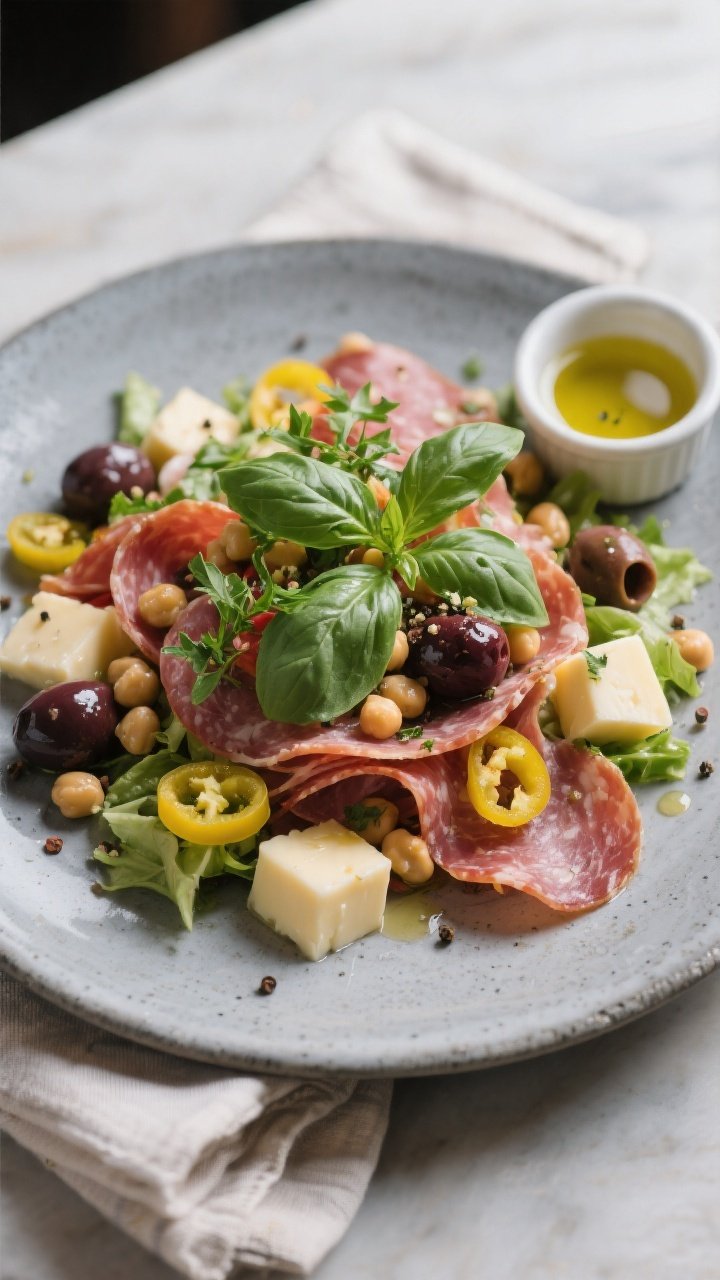 Restaurant-style plated serving: a composed portion of the antipasto salad on a cool gray stoneware 