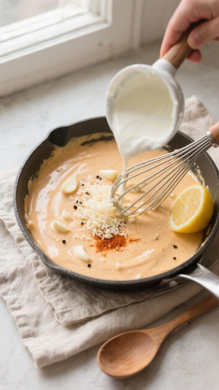 Sauce-building moment, overhead shot: Silky garlic cream sauce in the skillet right after Parmesan a