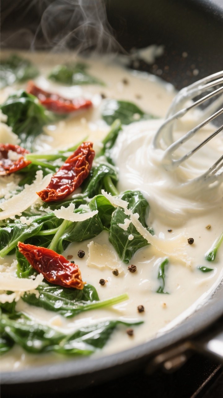 Sauce close-up — Creamy finish with spinach: Tight macro of the velvety garlic-Parmesan cream sauc