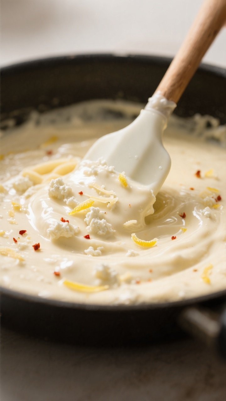 Sauce detail macro: Ultra-smooth cottage cheese Alfredo sauce being stirred in a skillet with a sili