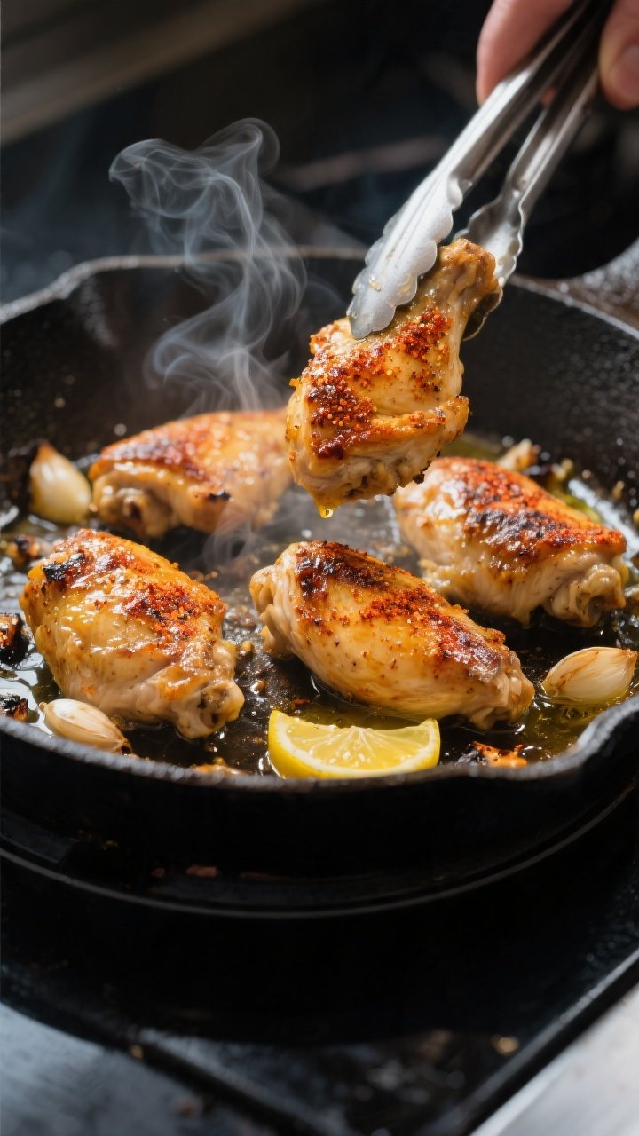 Searing garlic-marinated chicken in a skillet: golden, caramelized edges with visible paprika-tinged