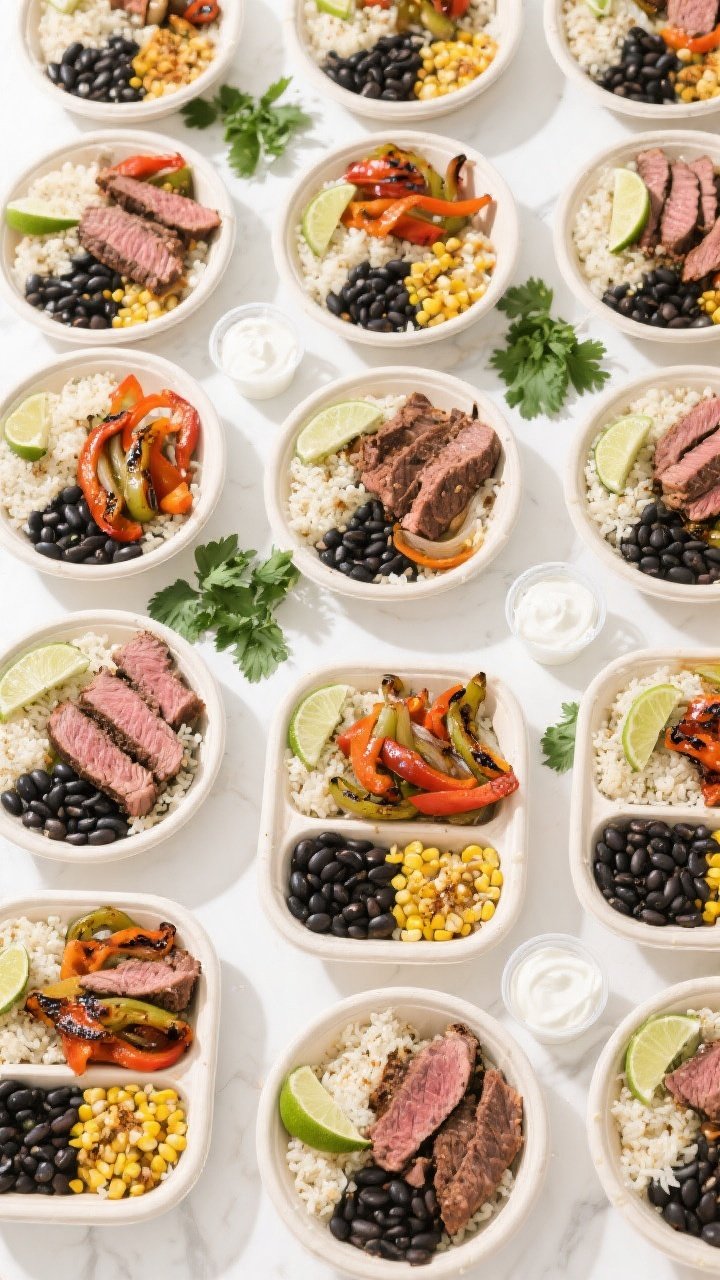 Tasty overhead meal prep spread: Overhead shot of multiple steak fajita meal prep bowls arranged nea