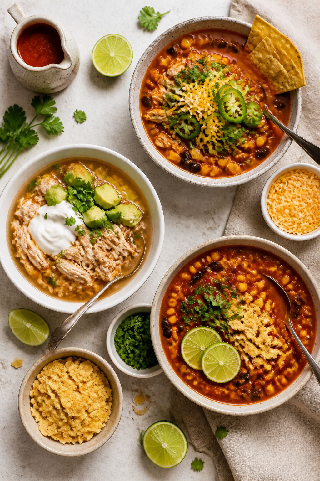 Tasty overhead, meal-prep variety: Top-down spread of the finished soup served three ways for custom