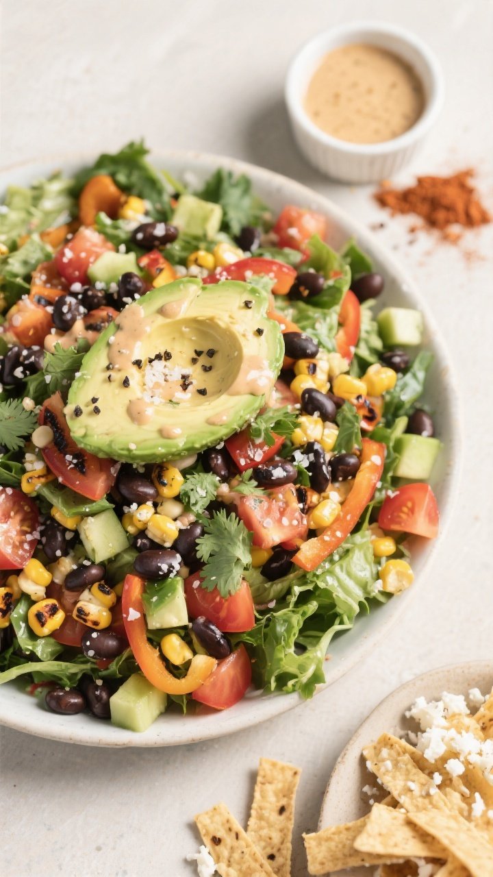 Tasty top-down assembly shot: Overhead view of the chopped salad just after tossing with two-thirds