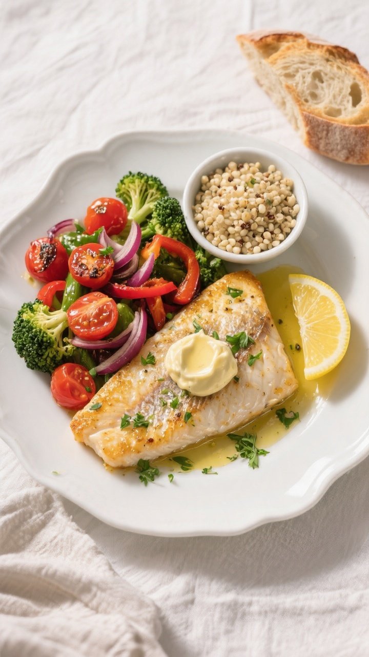 Tasty top-down final plate: Overhead shot of a beautifully plated Lemon Garlic Butter Tilapia with a