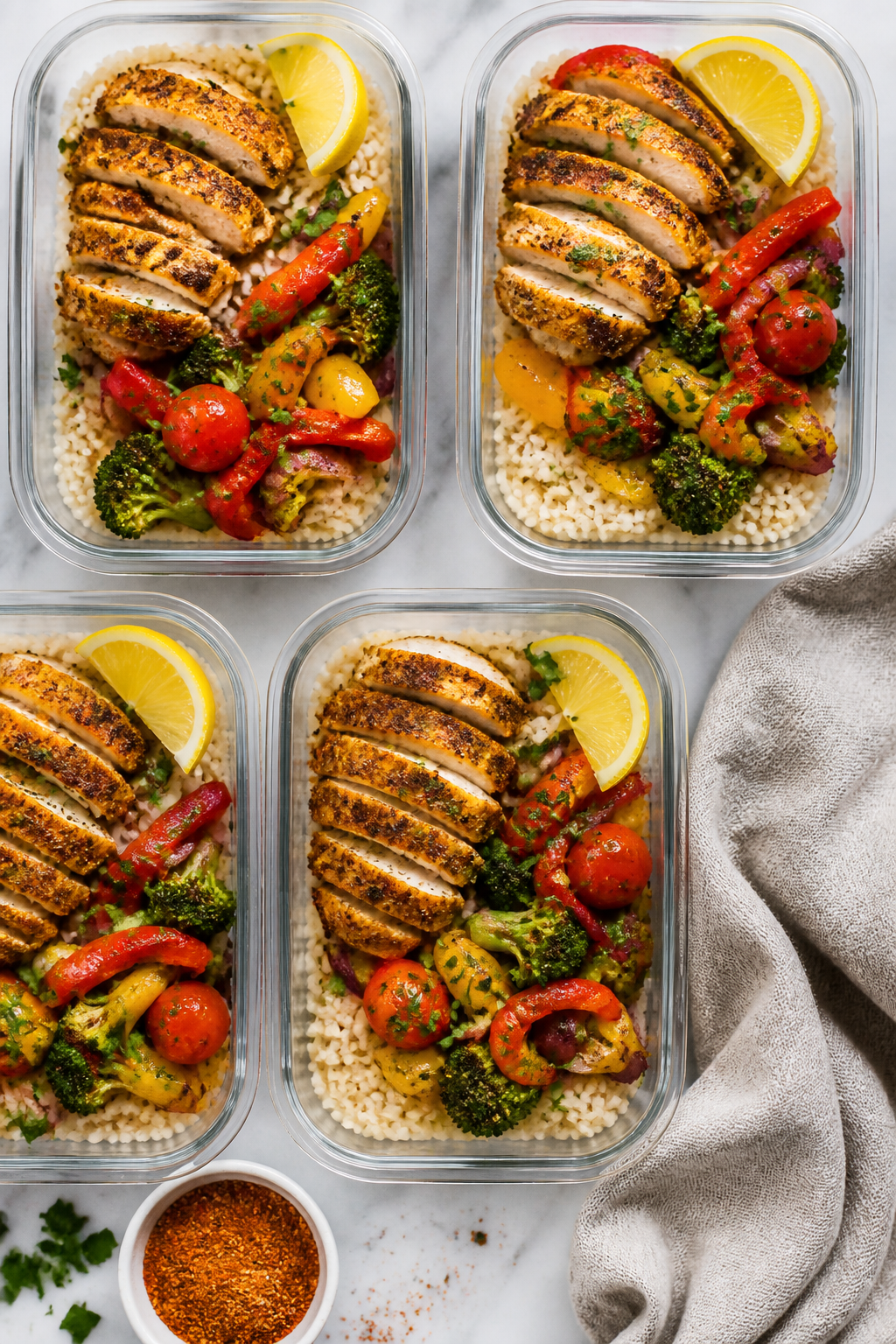 Tasty top-down meal-prep layout: overhead shot of 4–5 neatly arranged airtight containers filled w
