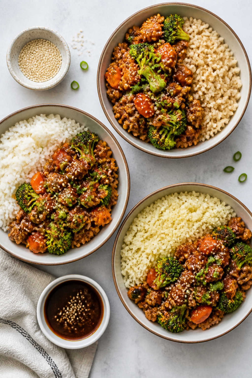 Tasty top-down meal-prep/overhead: Overhead shot of multiple assembled Ground Turkey Teriyaki Bowls