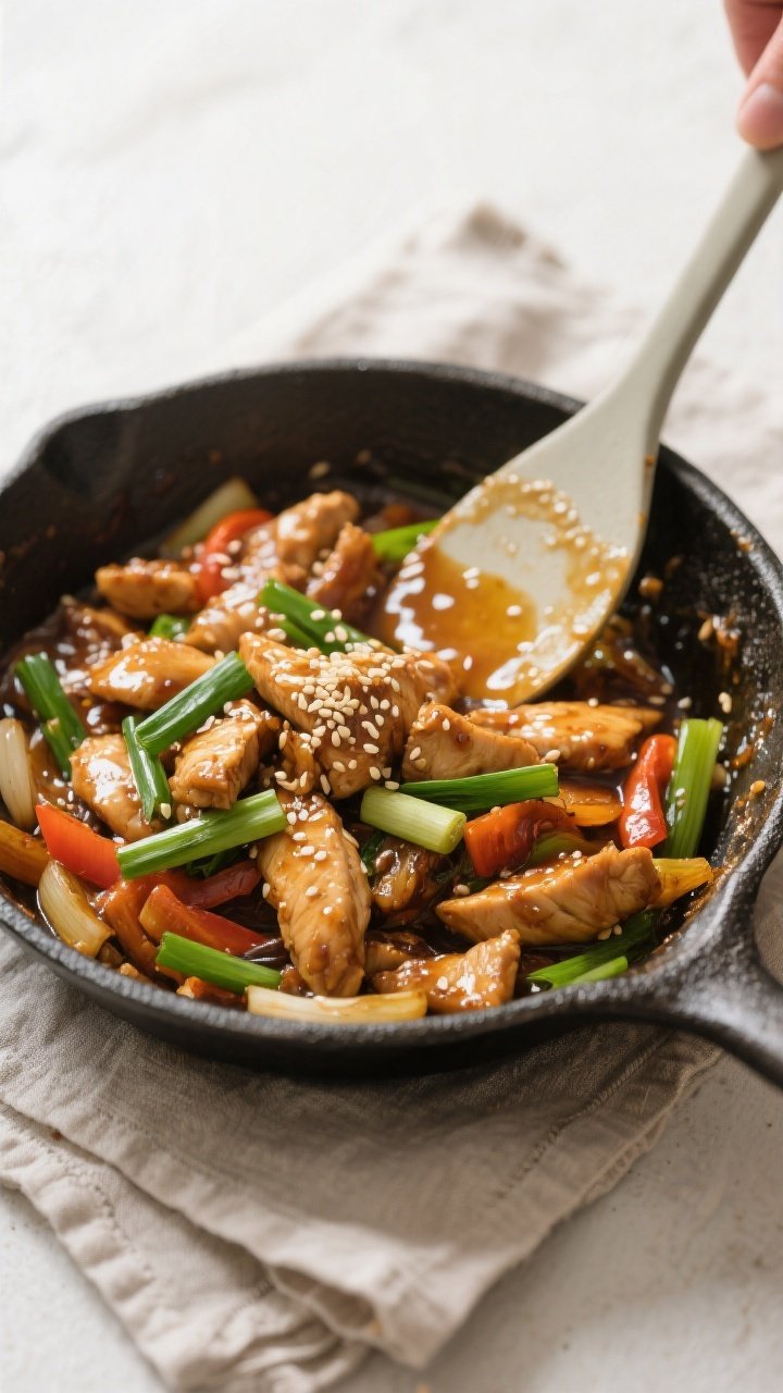 Tasty top-down process shot: Overhead view of the stir fry just after the cornstarch slurry has been