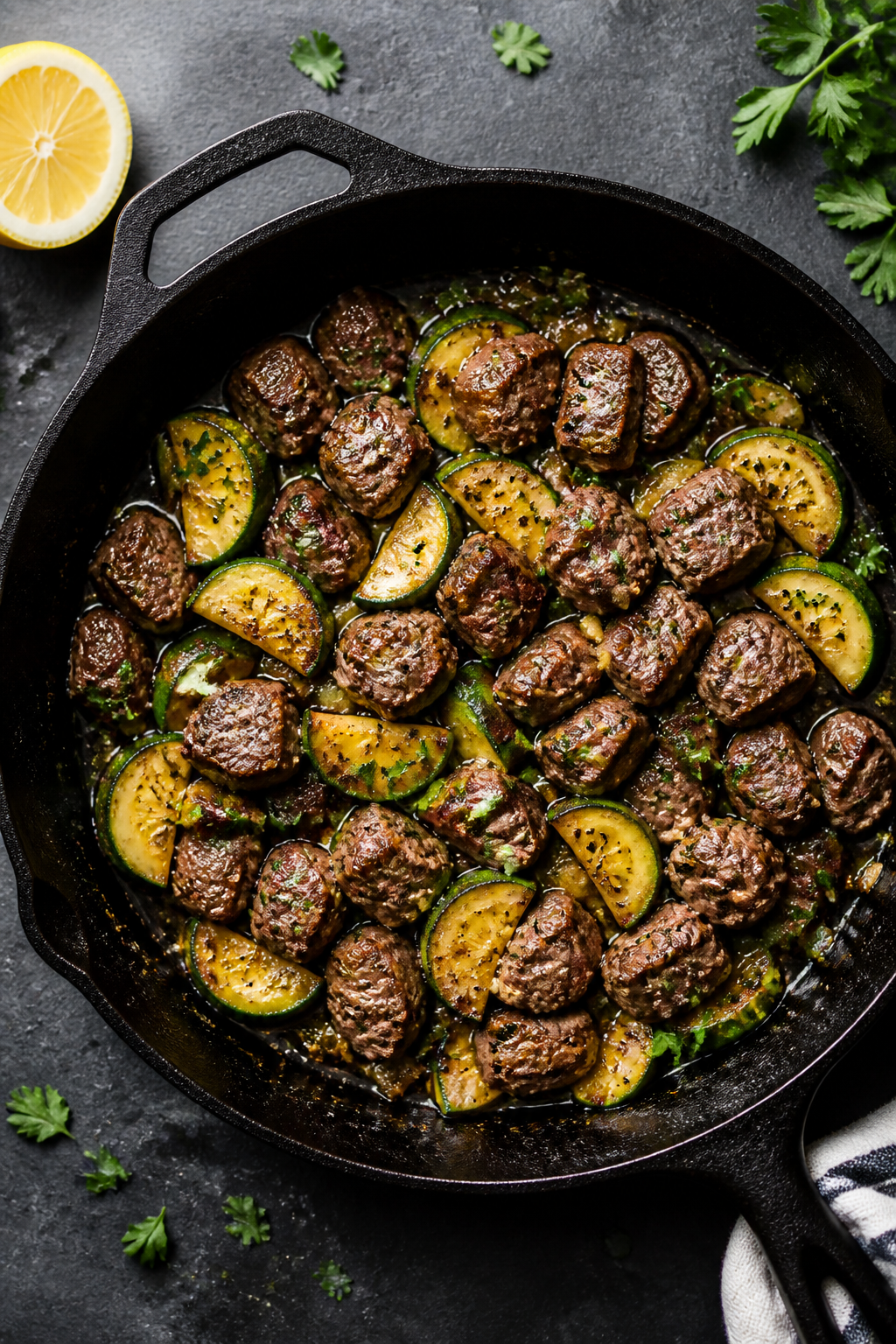 Tasty top-down skillet scene: Overhead shot of the finished garlic-butter glazed steak and zucchini 