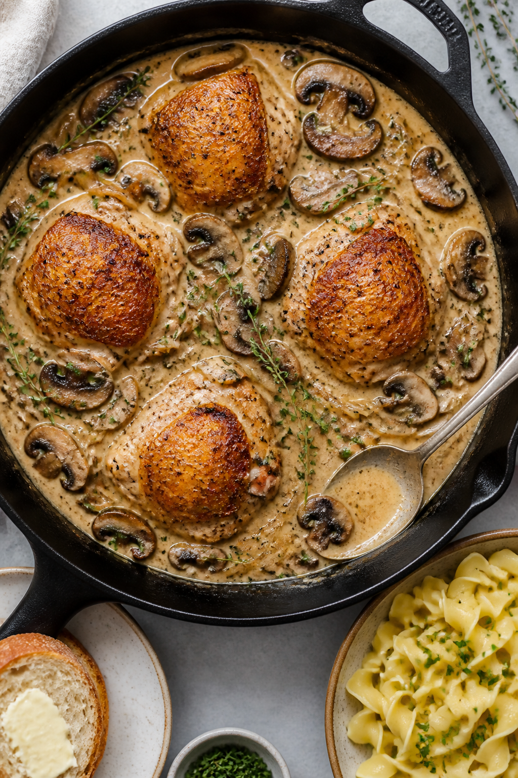 Tasty top-down skillet shot: Overhead view of the finished one-pan dish in a cast-iron skillet—chi