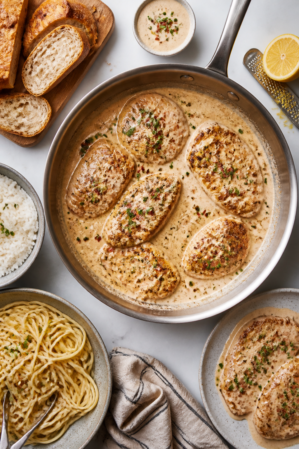 Tasty top-down spread: Overhead shot of the finished chicken in a wide skillet, coated in a rich, sm