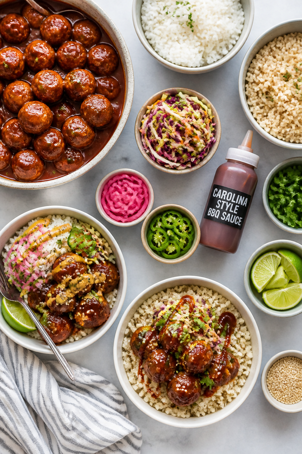 Tasty top-down variety spread: Overhead shot of a build-your-own meatball bowl station—large bowl 