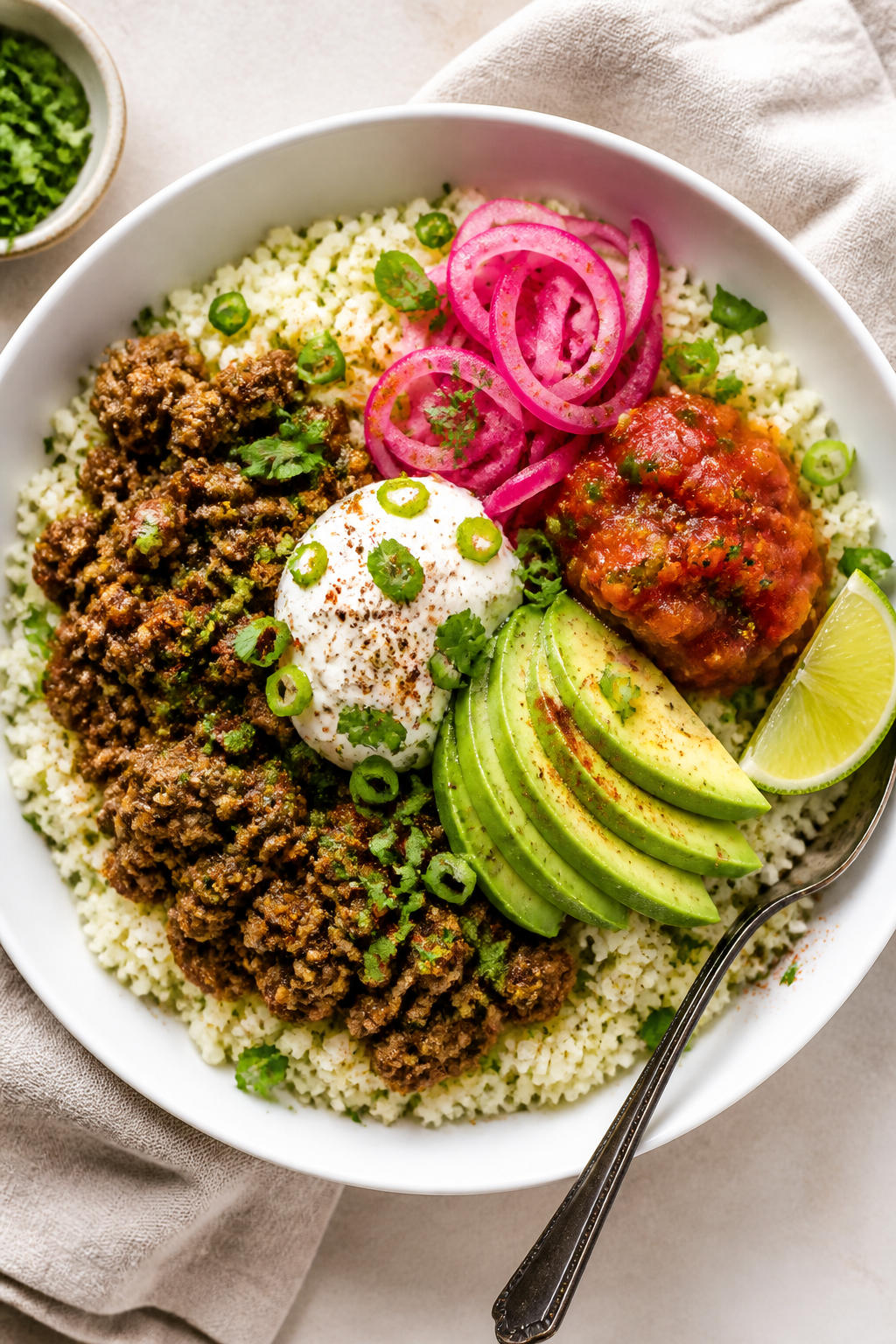 Tasty top view, assembled bowl: Overhead shot of a high-protein ground beef and cauliflower rice bow