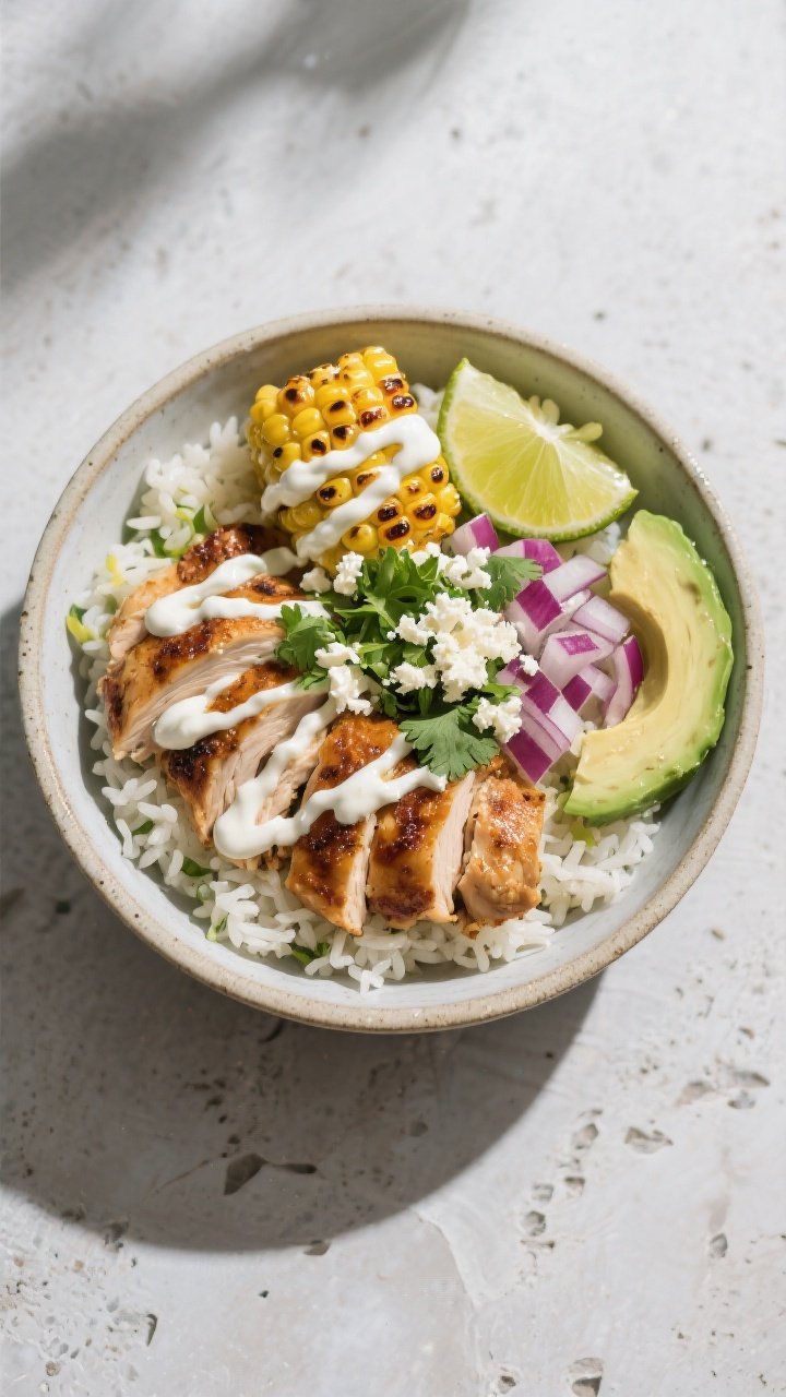Tasty top view, assembled bowl: Overhead shot of Healthy Street Corn Chicken Rice Bowl in a wide, sh