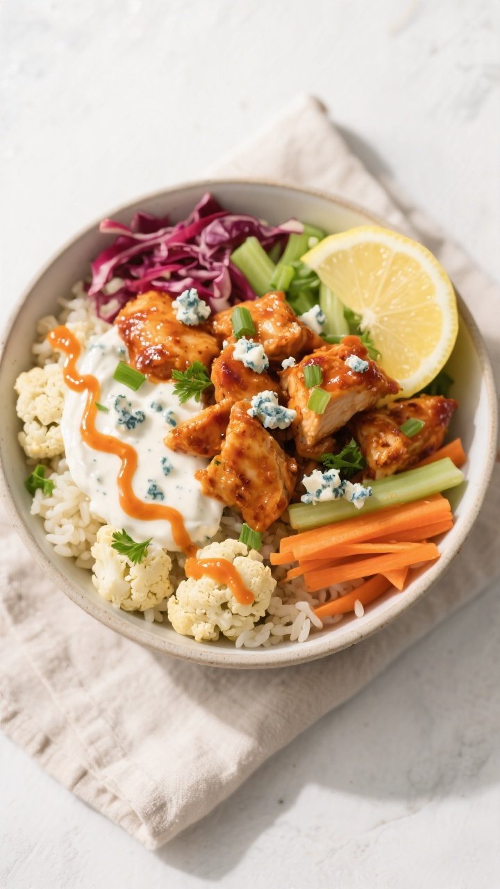 Tasty top view — assembled Buffalo Chicken Cauliflower Bowl: Overhead shot of a wide, shallow bowl