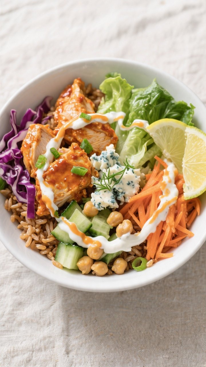Tasty top view – Assembled Healthy Buffalo Chicken Rice Bowl: Overhead shot of a vibrant bowl with