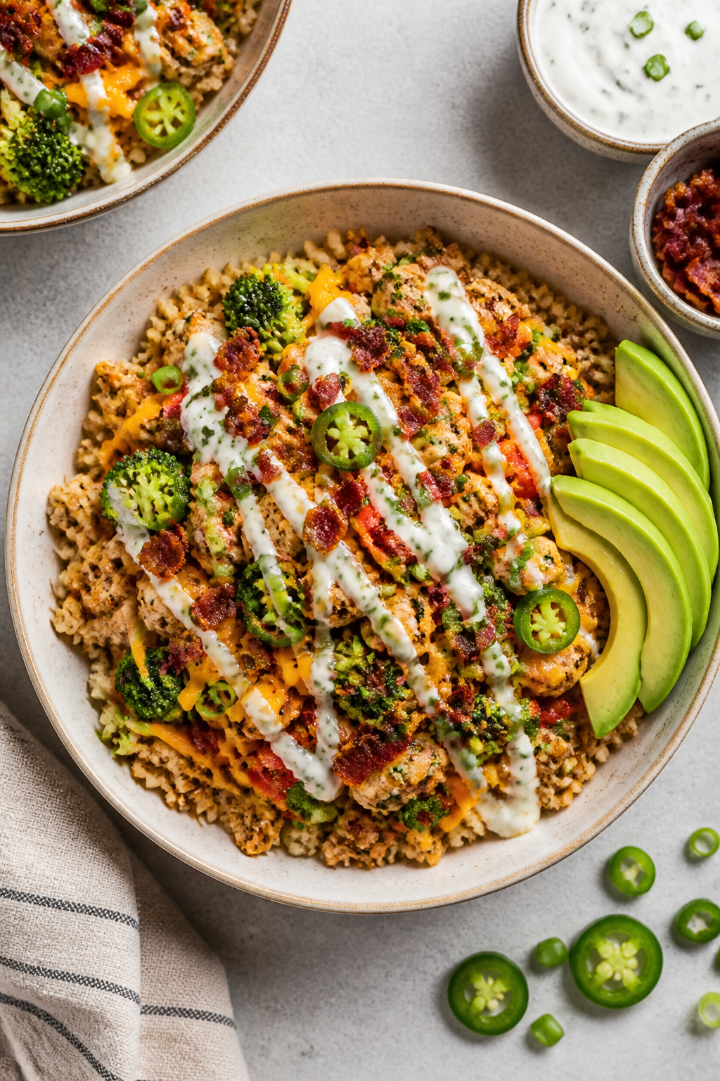 Tasty top view, assembly moment: Overhead shot of cauliflower rice bowls being assembled on a light 
