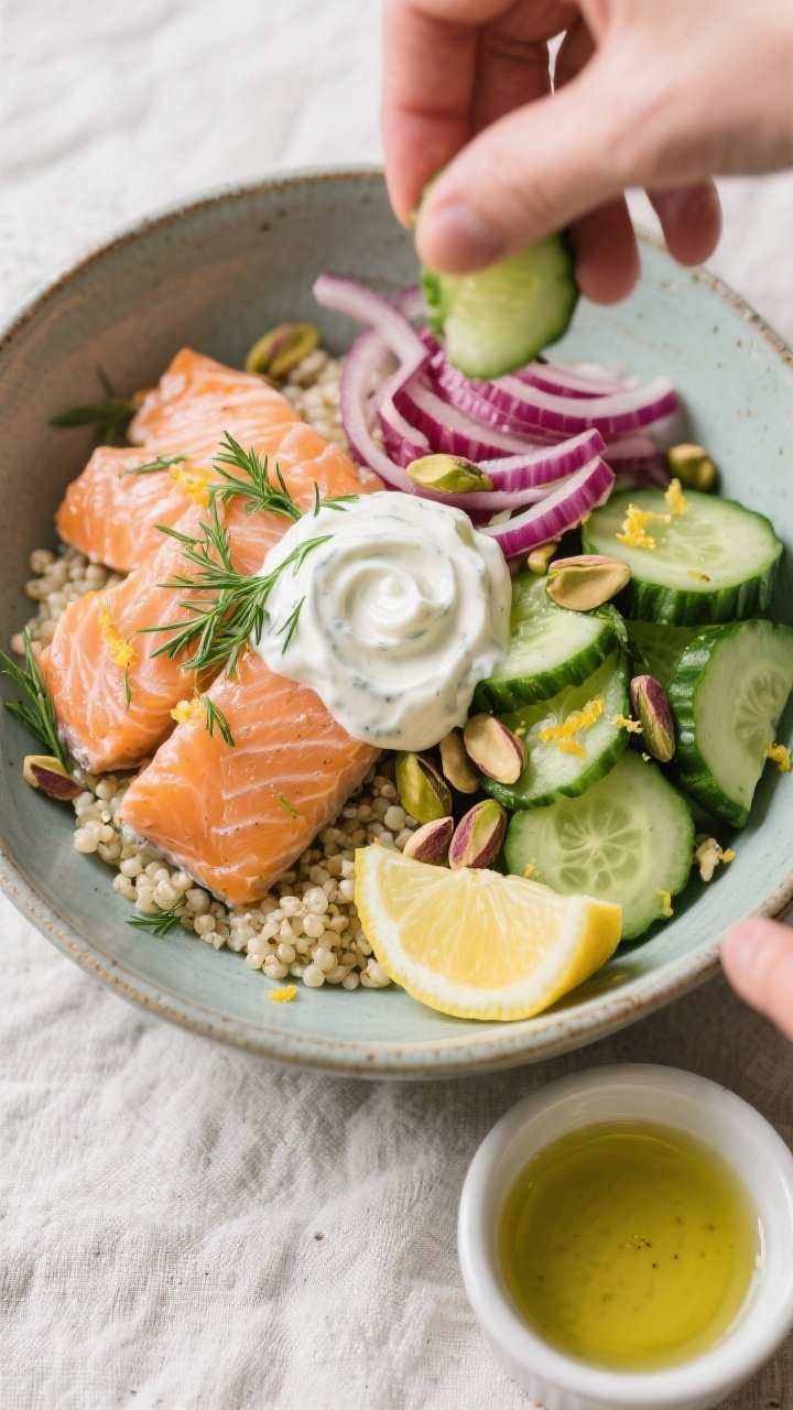 Tasty top view, assembly moment: Overhead shot of assembled Fresh Dill Salmon Cucumber Bowl with a s